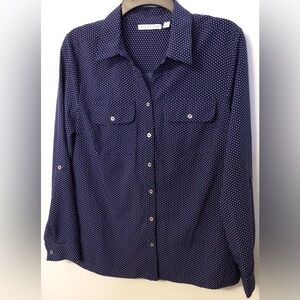 Notations blue white polka dot button down blouse size small